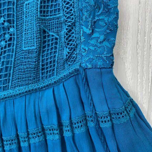 Free People Women's Emily Teal Blue Crochet Pleated Mini Dress Size XS X-Small - Picture 11 of 14